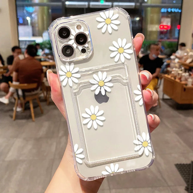OKEYWOW Flower Wallet iPhone case with card slots for iPhone 12-16, soft cover with floral design and protective features.