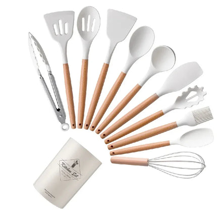 Set of 12 OKEYWOW silicone kitchen utensils with non-stick spatulas and wooden handles for cooking and baking.