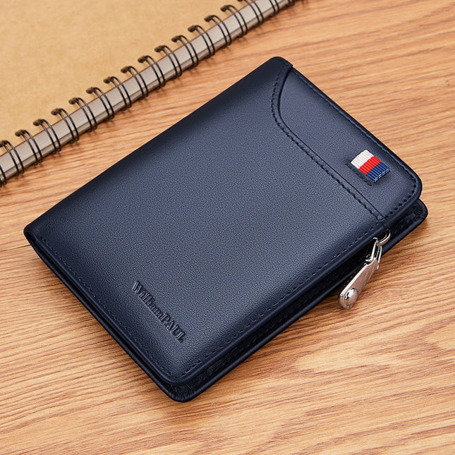 Men’s genuine leather wallet with zipper and card holder by OKEYWOW, featuring a sleek, compact business short wallet design.