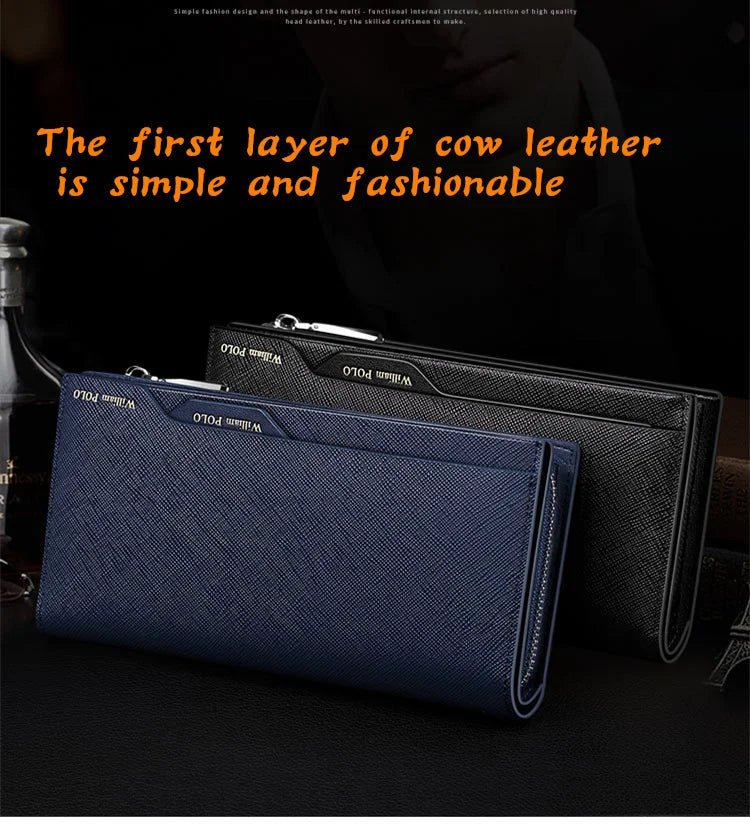 WilliamPOLO Male Genuine Leather Wallets Men Wallet Credit Business Card Holders Fashion Mobile Phone Bag Zipper Purse Handbag