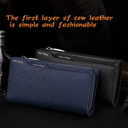 WilliamPOLO men's genuine leather wallet with zipper, card holder, business phone bag, and purse in black leather.