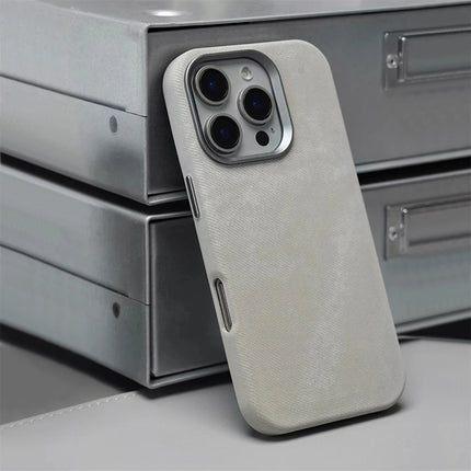 OKEYWOW Fiber Leather MagSafe Shockproof Case for iPhone 12-17 Pro Max, featuring wireless charging compatibility and durable protection.