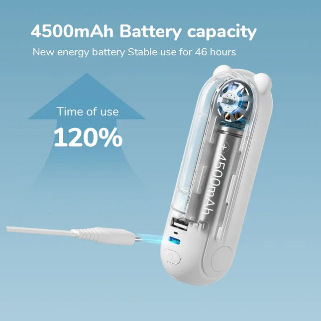OKAYWOW JISULIFE mini handheld USB fan with rechargeable battery, pocket size, and built-in flashlight, shown in use.
