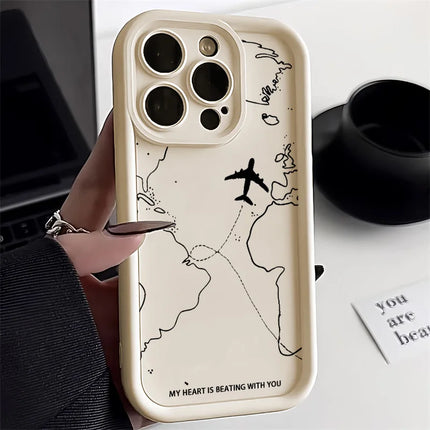 Silicone matte shockproof iPhone case with airplane route design for iPhone 12 to 16, by OKEYWOW, showing front and back views.