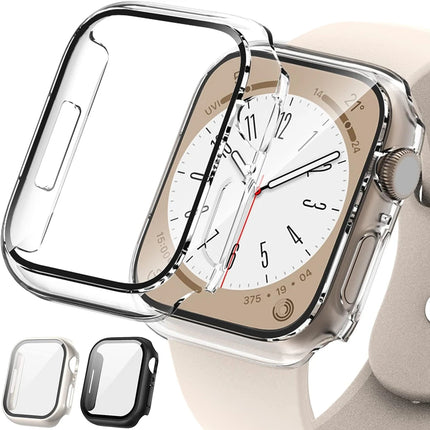 OKEYWOW Apple Watch tempered glass bumper case and screen protector for Series 9 to SE, 38mm to 45mm sizes, fits 40/44/45mm models.
