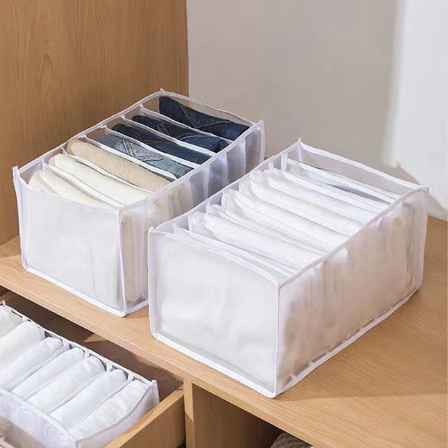 OKEYWOW underwear drawer organizer with compartments for bras, jeans, and scarves, helping keep closet tidy and organized.