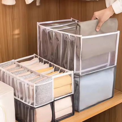 OKEYWOW underwear drawer organizer for bras, jeans, and scarves, featuring divided compartments for closet storage and organization.