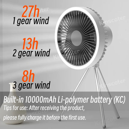 All-in-One Camping Air Fan with Power Bank & LED Light – Portable Rechargeable Circulator (10000mAh/4000mAh)