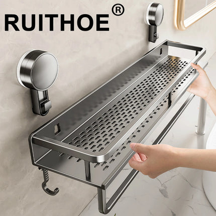 GripMount Bathroom Shelf Aluminum Suction Wall Rack No Drill Toilet Organizer
