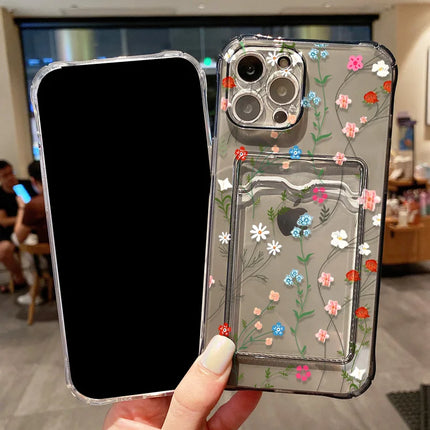 OKEYWOW flower wallet iPhone case with card slots for iPhone 12-16, soft cover with floral design, protective phone case.