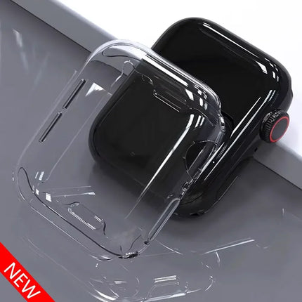 Silicone Apple Watch case and screen protector bumper for Series 9 to SE, fits 38mm to 46mm models, in black color.