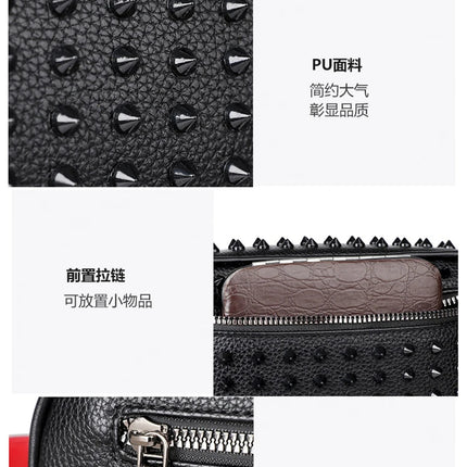 Men's PU leather rivet clutch bag by OKEYWOW featuring cyberpunk style waist wallet with strap and money bag design.