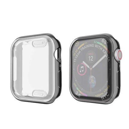 OKEYWOW Apple Watch silicone bumper case with screen protector for Series 9, 8, 7, SE, 44mm to 38mm, in black.