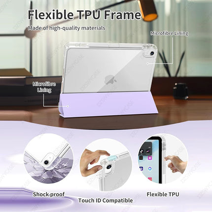 Clear iPad Case with Pencil Holder Air 11/13 M2 M3 Pro 11/12.9 M4 10th/11th Gen Cover