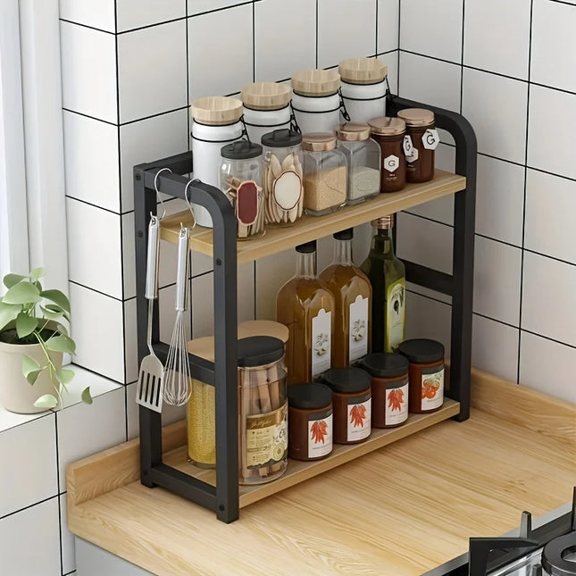 Rustproof 2-tier metal kitchen shelf from OKEYWOW, holds coffee mugs and condiments, ideal for countertop organization.