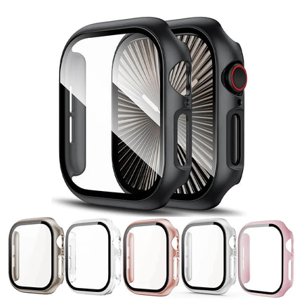 OKEYWOW Apple Watch tempered glass screen protector for Series 10–3 SE in 38mm to 46mm, showing a close-up of the protective case.