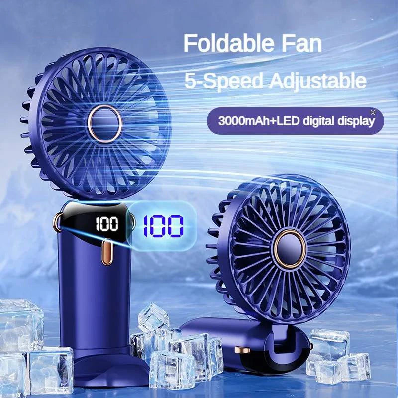 3000mAh Handheld Mini Fan Foldable Portable Neck Hanging Fans 5 Speed USB Rechargeable Fan with Phone Stand and Display Screen