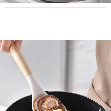 12-piece silicone kitchen utensil set with non-stick spatulas and wooden handles, ideal for cooking and baking.