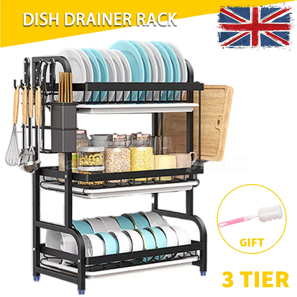 3-Tier Dish Organizer Dish Drying Rack Compact Kitchen Dish Rack Drainboard Set Large Rust-Proof Dish Drainer Kitchen Dish Drain