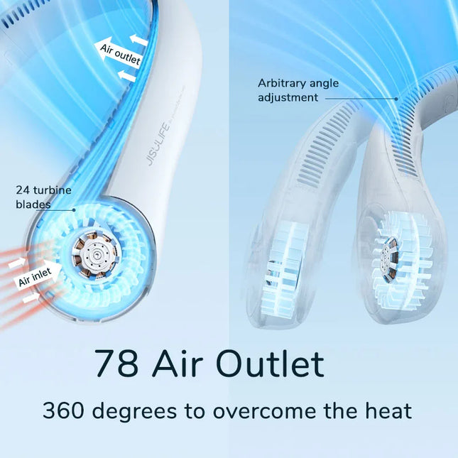 OkeyWOW JISULIFE portable neck fan with 78 air outlets, USB rechargeable, silent design, ideal for sports and outdoor cooling.