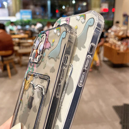 Pink iPhone dinosaur silicone case with card slot for iPhone 12 Pro Max, featuring soft material and colorful dinosaur design.