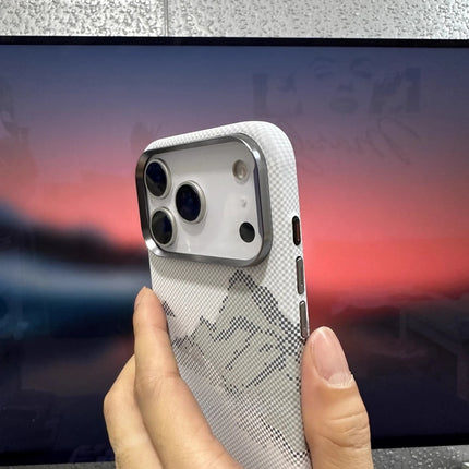 OKEYWOW iPhone 15 Pro Max magnetic snow mountain case with matte finish, hard PC shell, MagSafe, and camera lens protection.