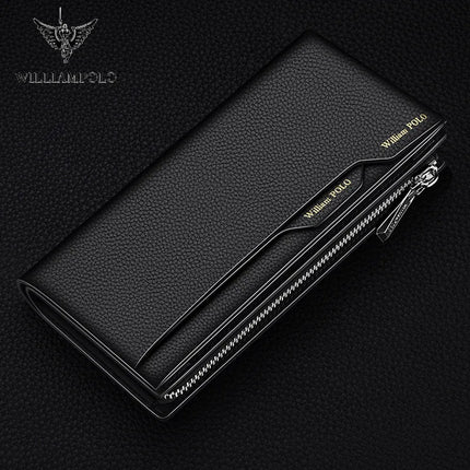 WilliamPOLO men's genuine leather wallet with zipper, card holder, business phone bag, and purse in black leather.