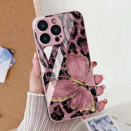 OKEYWOW iPhone Butterfly Silver Case for iPhone 11 to 17 Pro Max with shockproof tempered glass cover, featuring a butterfly design.