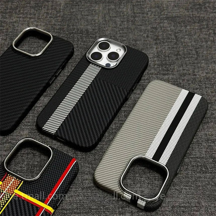 OKEYWOW iPhone 17/16/15 Pro Max Relief Carbon Fiber MagSafe case with metal lens protection and hard PC cover.