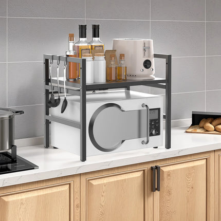 2-Tier Microwave Rack Expandable Kitchen Counter Organizer with Hooks Storage Shelf
