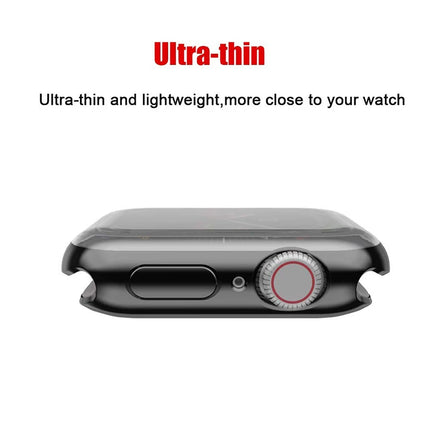 OKEYWOW Apple Watch silicone bumper case and screen protector for Series 9, 8, 7, SE in 38mm to 49mm sizes, black color