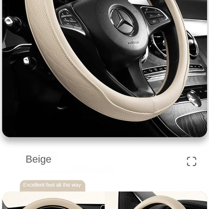NAPA Leather steering wheel cover by OKEYWOW, 15-inch perforated breathable non-slip car wheel cover on a vehicle.
