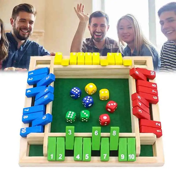 Deluxe Four-Sided Shut The Box Board Game: Set with 10 Numbers and Dice, Ideal for Party Clubs and Drinking Games for Adults and Families