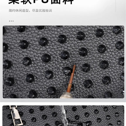 Men's PU leather clutch bag with rivet details, cyberpunk style waist wallet and money bag by OKEYWOW, featuring a strap and compact design.