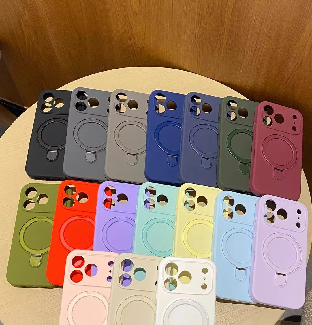 Luxury Magnetic Liquid Silicone Phone Case for iPhone 12–17 Series (Pro/Pro Max/Plus/Air) – MagSafe Holder Stand Soft Cover