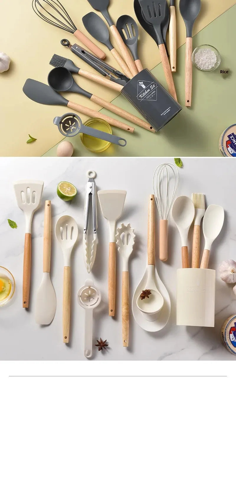 12Pcs Silicone Utensils Set Non-Stick Cookware Spatula Shovel Egg Beaters Wooden Handle Kitchenware Home Kitchen Cooking Tools