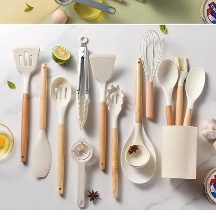 OKEYWOW 12-piece silicone kitchen utensil set with non-stick spatulas and wooden handles for cooking and baking.