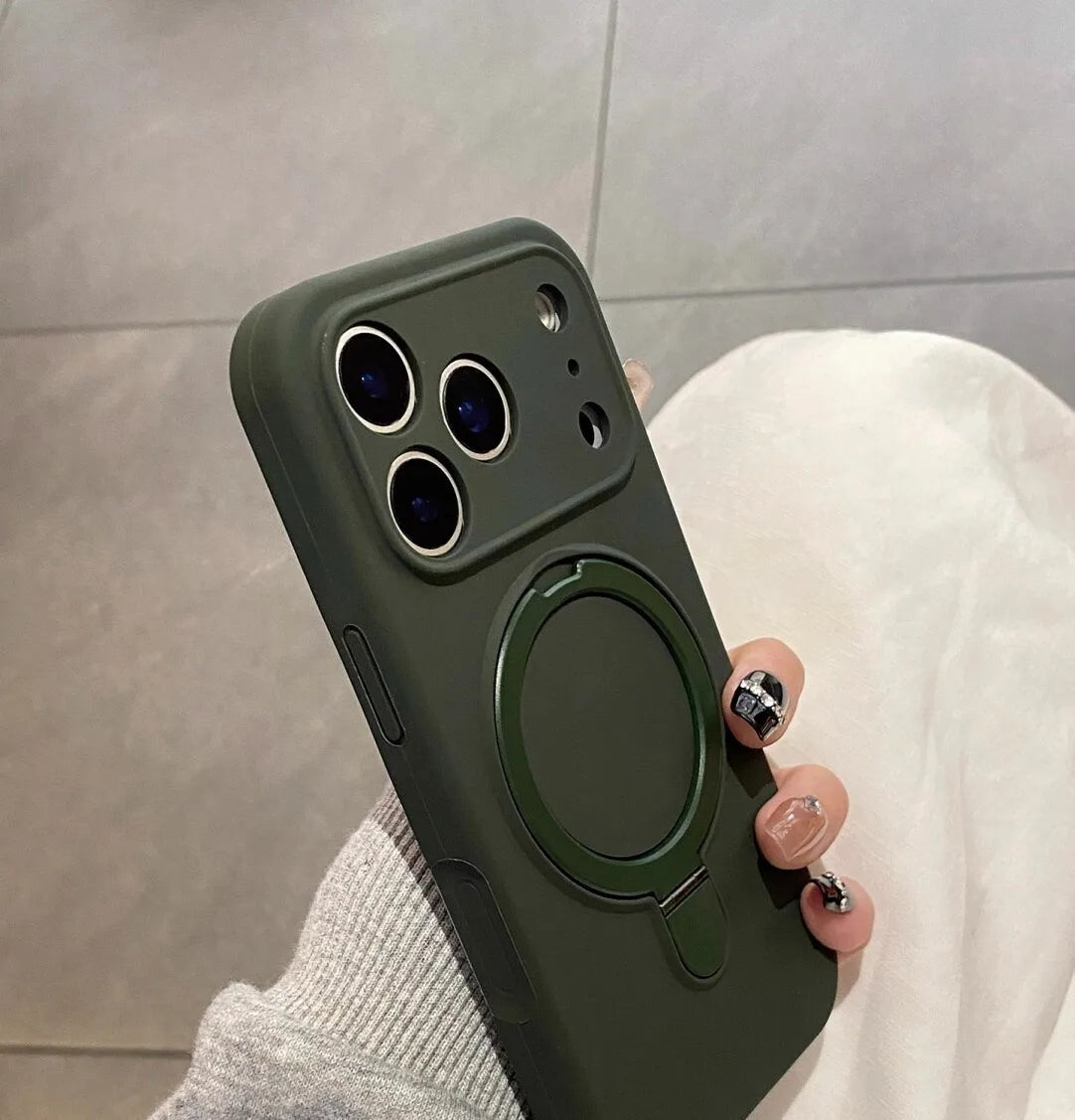 Luxury Magnetic Liquid Silicone Phone Case for iPhone 12–17 Series (Pro/Pro Max/Plus/Air) – MagSafe Holder Stand Soft Cover