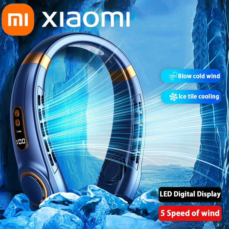 Xiaomi Portable Neck Fan USB Handheld Mute LED Digital Display Leafless Mini Electric Fan Colorful Atmosphere Lights 5th Gear