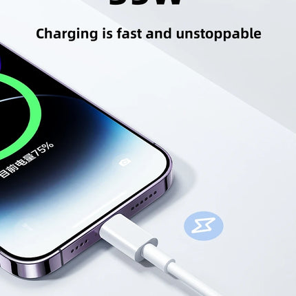 OKEYWOW 35W PD USB-C fast charging cable for iPhone 15/14/13/12/11 Pro Max, durable data cable for quick charging and syncing.
