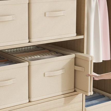 OKEYWOW jeans and underwear storage organizer box with dividers, designed for bras, socks, and clothing organization in wardrobes.