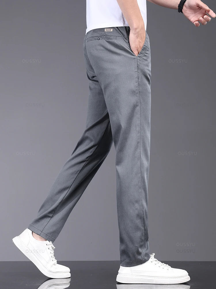 OUSSYU Brand Spring Summer Soft Stretch Lyocell Fabric Men's Casual Pants Thin Slim Elastic Waist Business Grey Trousers Male