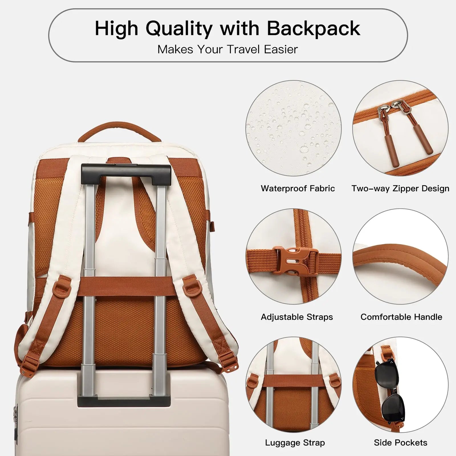 Cabin Travel Backpack 45 x 36 x 20 cm Easyjet Luggage Bag Laptop Weekend Duffel Bag 30L (Beige/Brown)