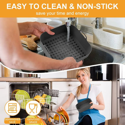 OkeyWOW reusable square silicone air fryer liner with non-stick surface, designed as a replacement parchment paper for kitchen use