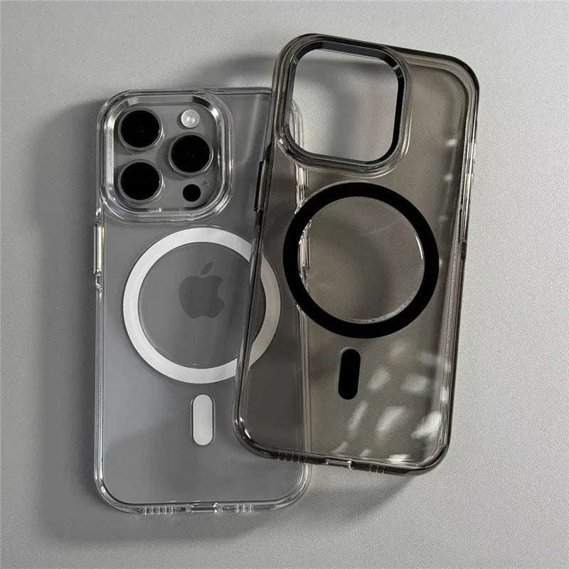 Transparent MagSafe Wireless Charging Case for iPhone 14/15 Pro/16/16 Pro Max – Alloy Lens Clear Shockproof Armor Back Cover
