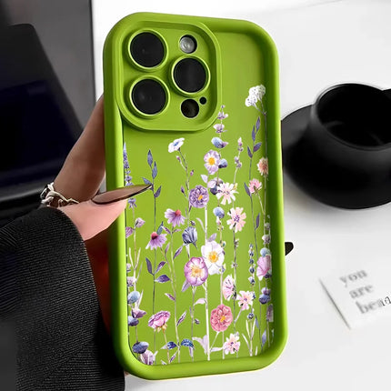 Purple flower silicone case for iPhone, shockproof matte cover by OKEYWOW for models 11 to 16, with floral design and protective features.