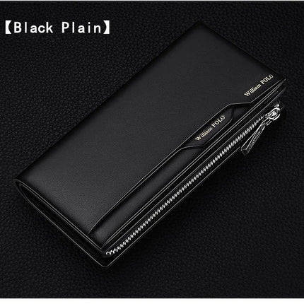 OKEYWOW WilliamPOLO men's genuine leather wallet with zipper, card holder, business phone bag, and purse in black leather.