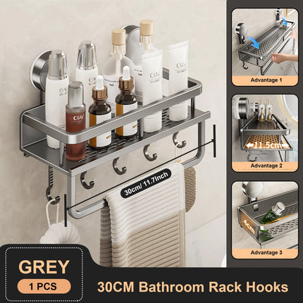 GripMount Bathroom Shelf Aluminum Suction Wall Rack No Drill Toilet Organizer