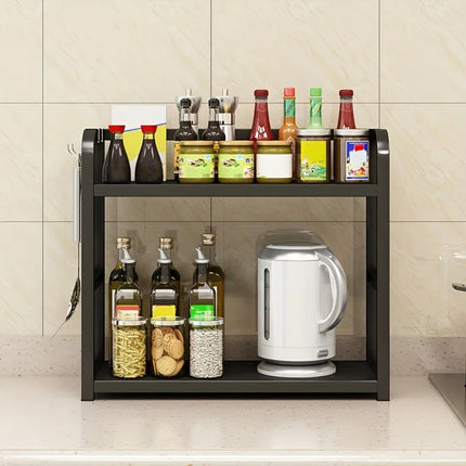 Rustproof 2-tier metal kitchen shelf by OKEYWOW for countertop storage, ideal for coffee mugs and condiment organization.