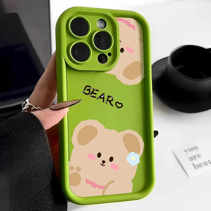 Silicone shockproof iPhone case featuring a cartoon bear design, compatible with iPhone 16, 15, 14, 13, 12, 11 Pro Max, XR, XS, SE by OKEYWOW